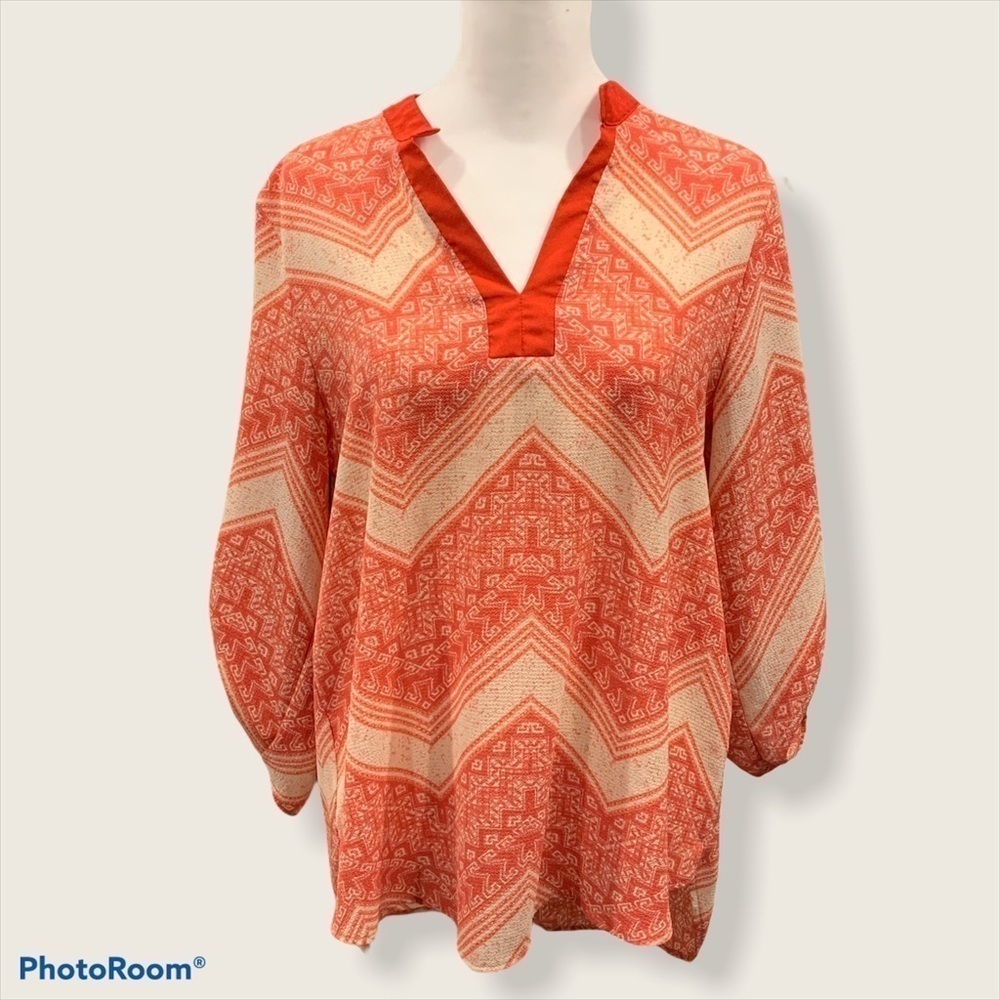 Final Sale Faith and Joy Orange Chevron Geometric Roll Tab Sleeve Blouse Medium